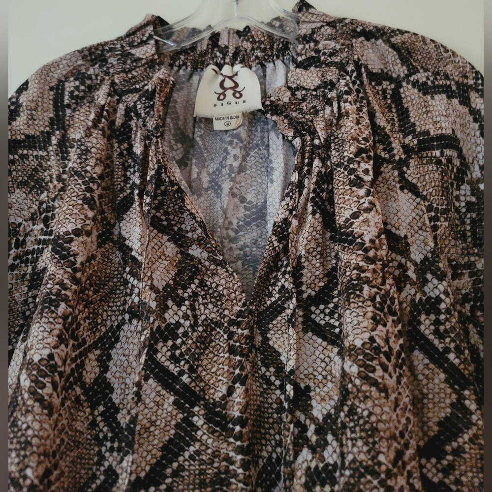 Figue Blouse Lilah Beige Snakeskin Print Womens Medium Long Puff Sleeves Tassel - Picture 5 of 14